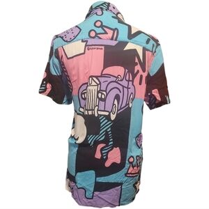 Reason casul Blue pink Purple party block Graphic button up short sleeve Shirt S
